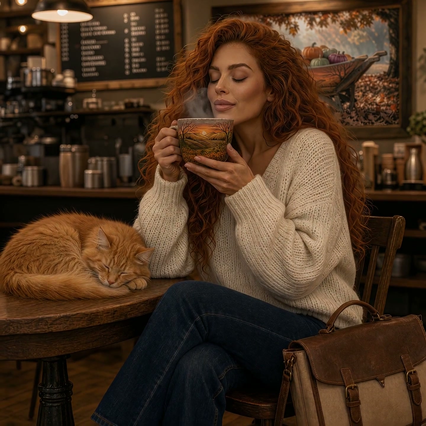 Woman with curly red hair sips hot coffee beside a sleeping fluffy orange tabby cat at a cozy rus...