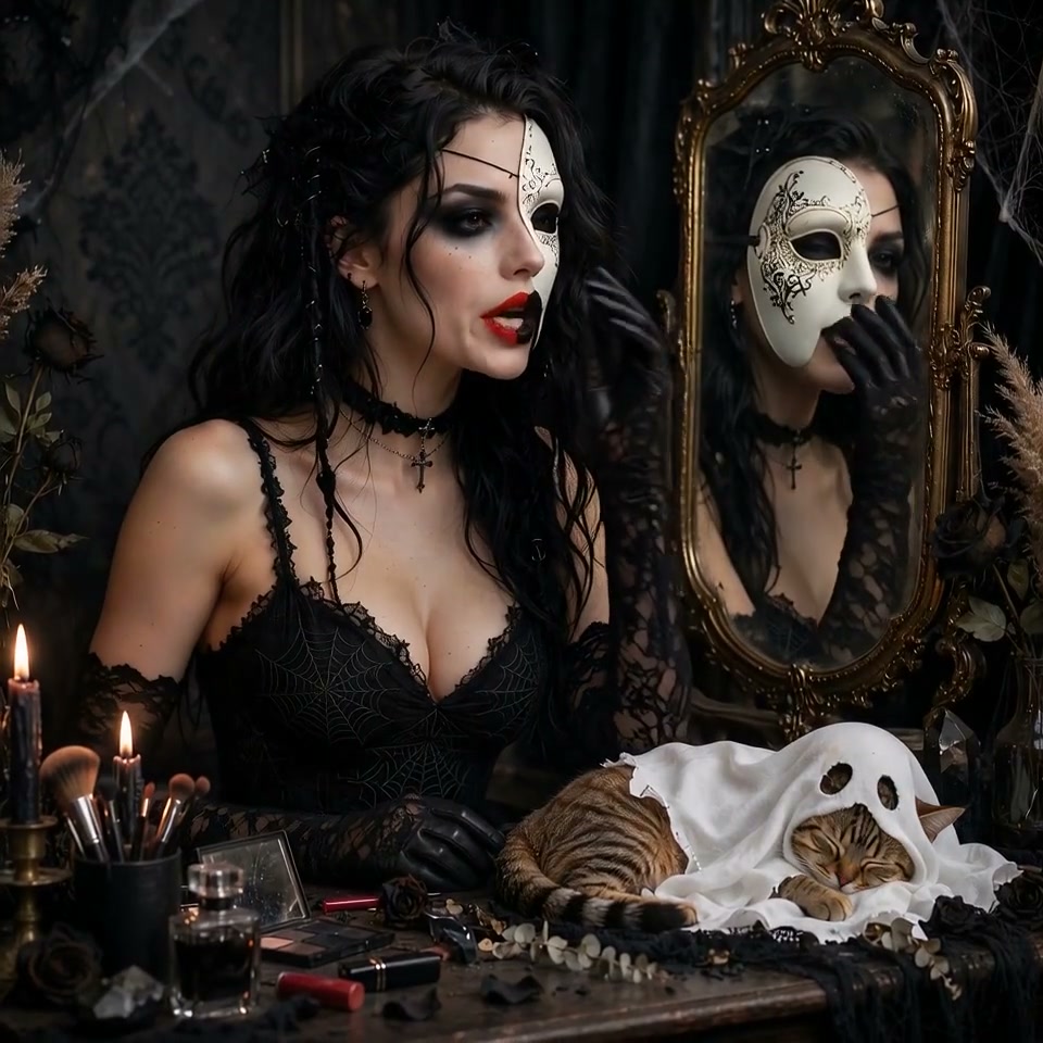 Gothic woman with half masquerade mask sits at vanity beside a sleeping tabby cat in a tiny ghost...