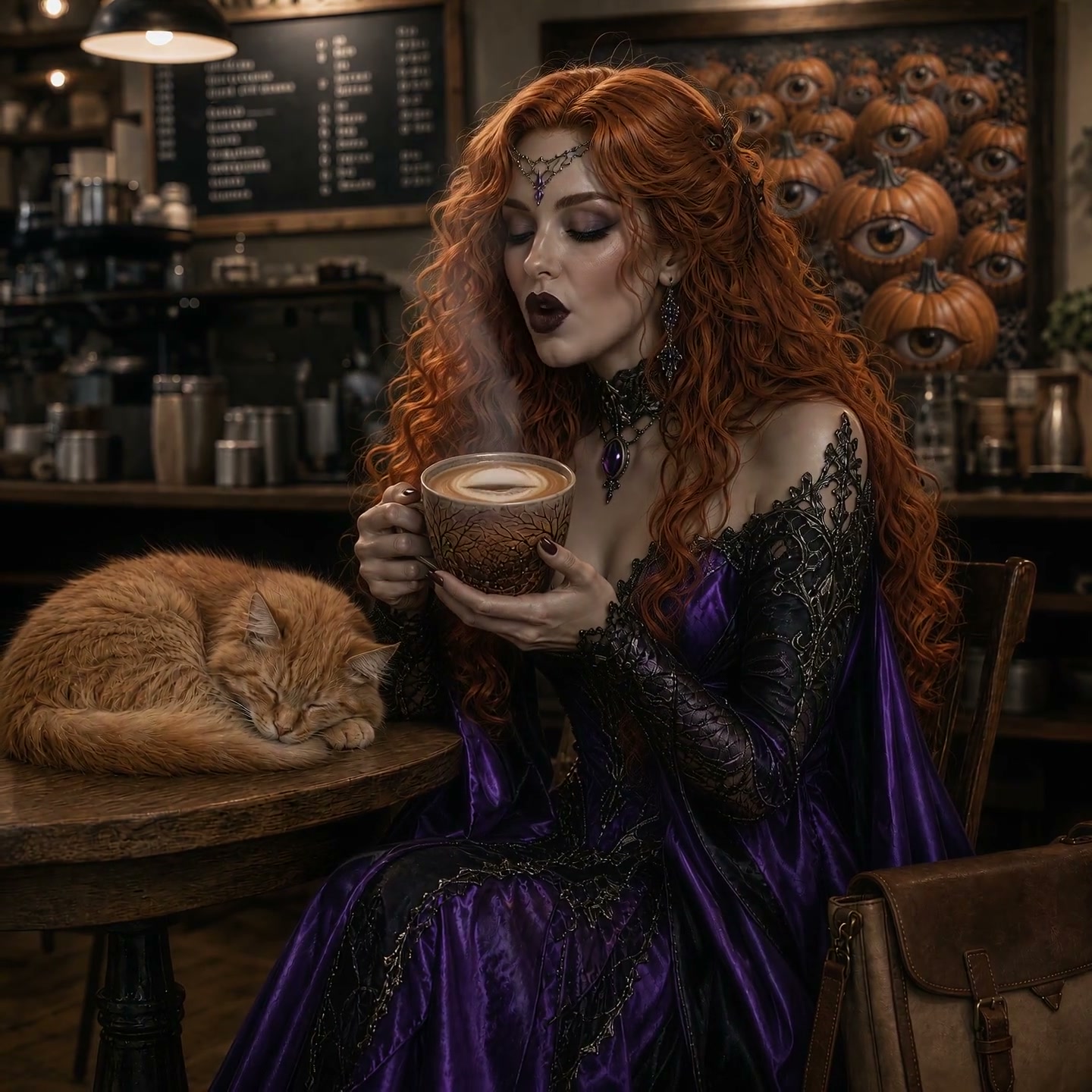 Gothic curly red-haired woman holds a steaming latte at a cozy cafe, with a sleeping orange tabby...