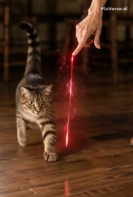 Alert striped tabby cat fixated on a glowing red laser beam projected from a person's pointing fi...