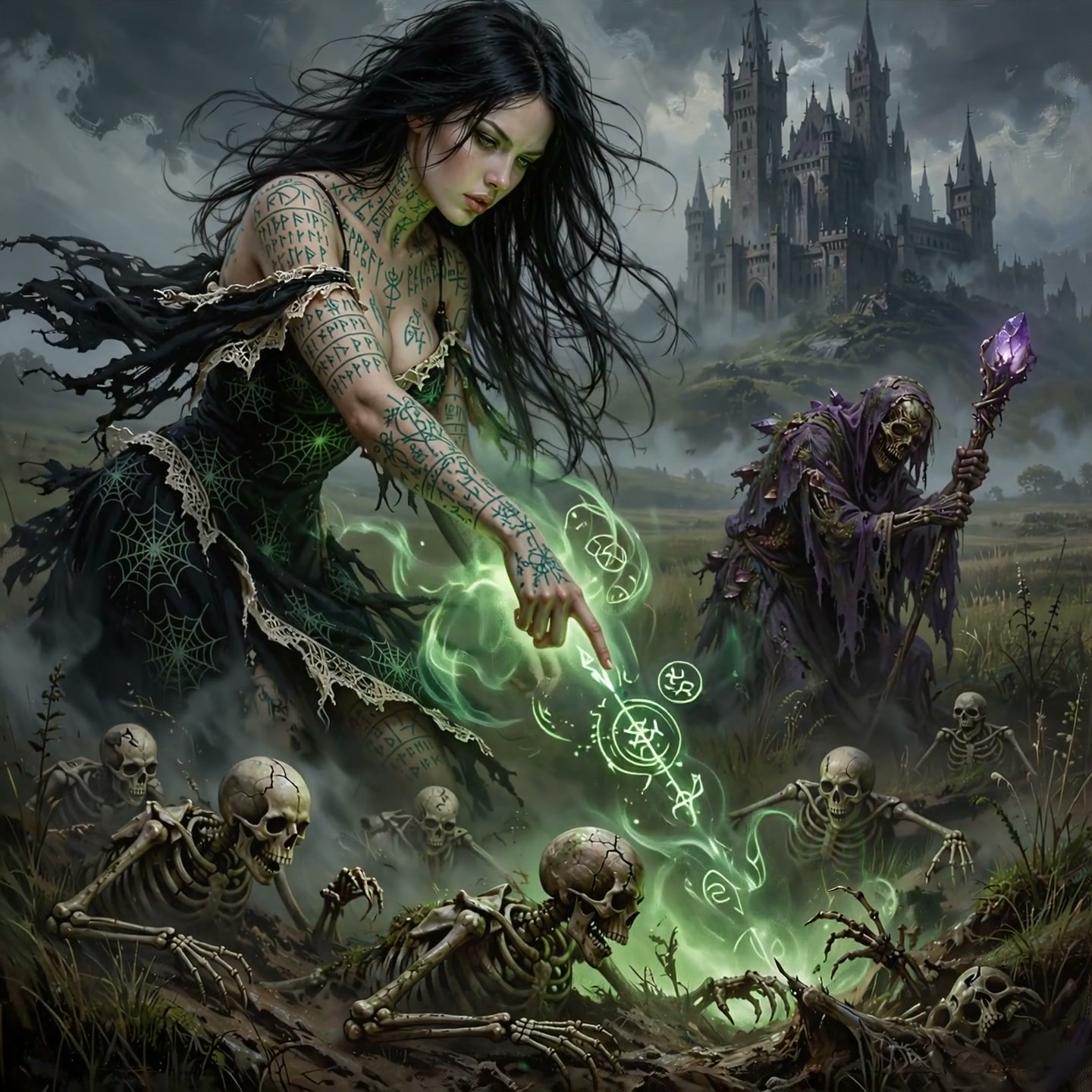 Rune-tattooed female necromancer casts glowing green magic to raise skeletons, with a lich and go...