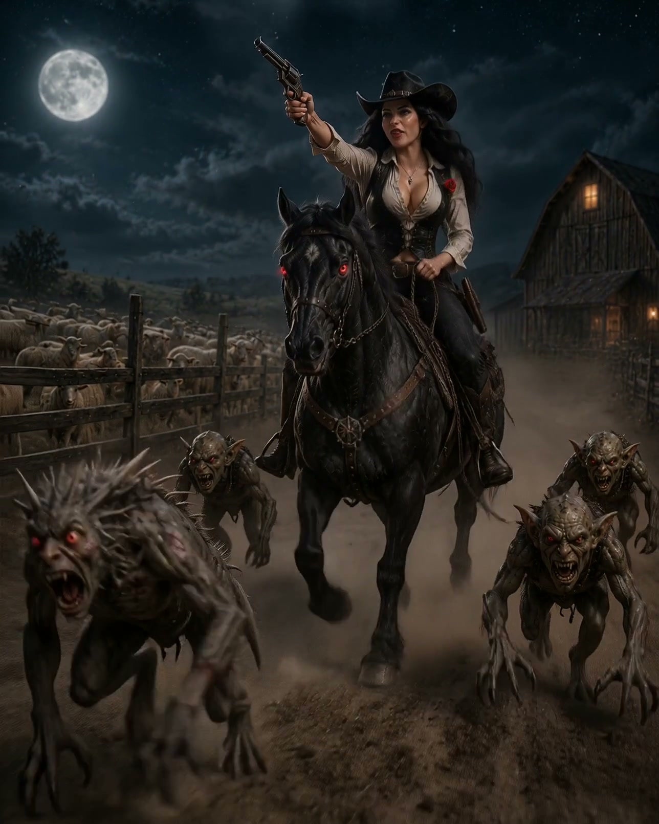 Female cowgirl on red-eyed black horse fires a revolver at attacking goblin monsters on a moonlit...