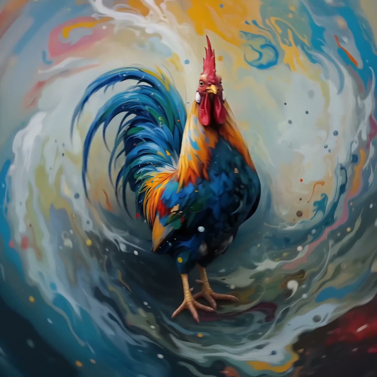 Colorful stylized rooster with bright red comb and blue tail feathers stands against swirling abs...