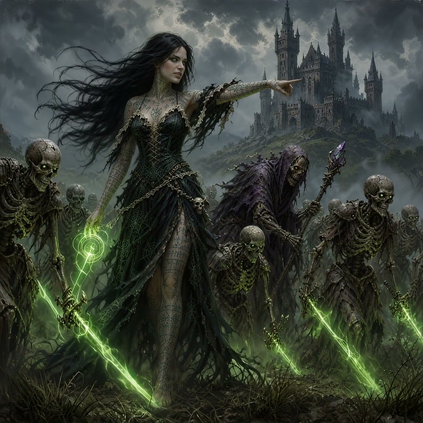 Tattooed female necromancer leads skeleton army pointing toward a spired gothic castle, holding g...