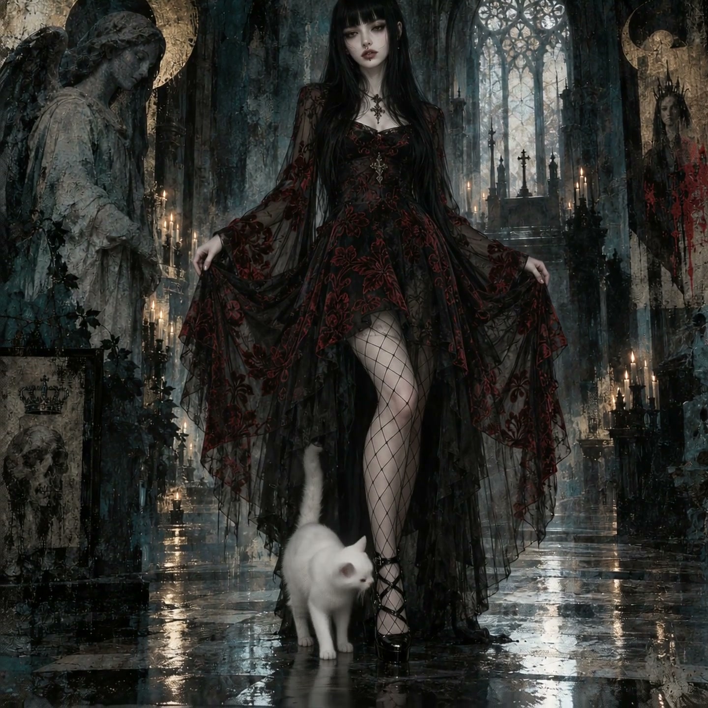 Gothic woman in black red lace gown stands with a fluffy white cat inside a crumbling candlelit m...