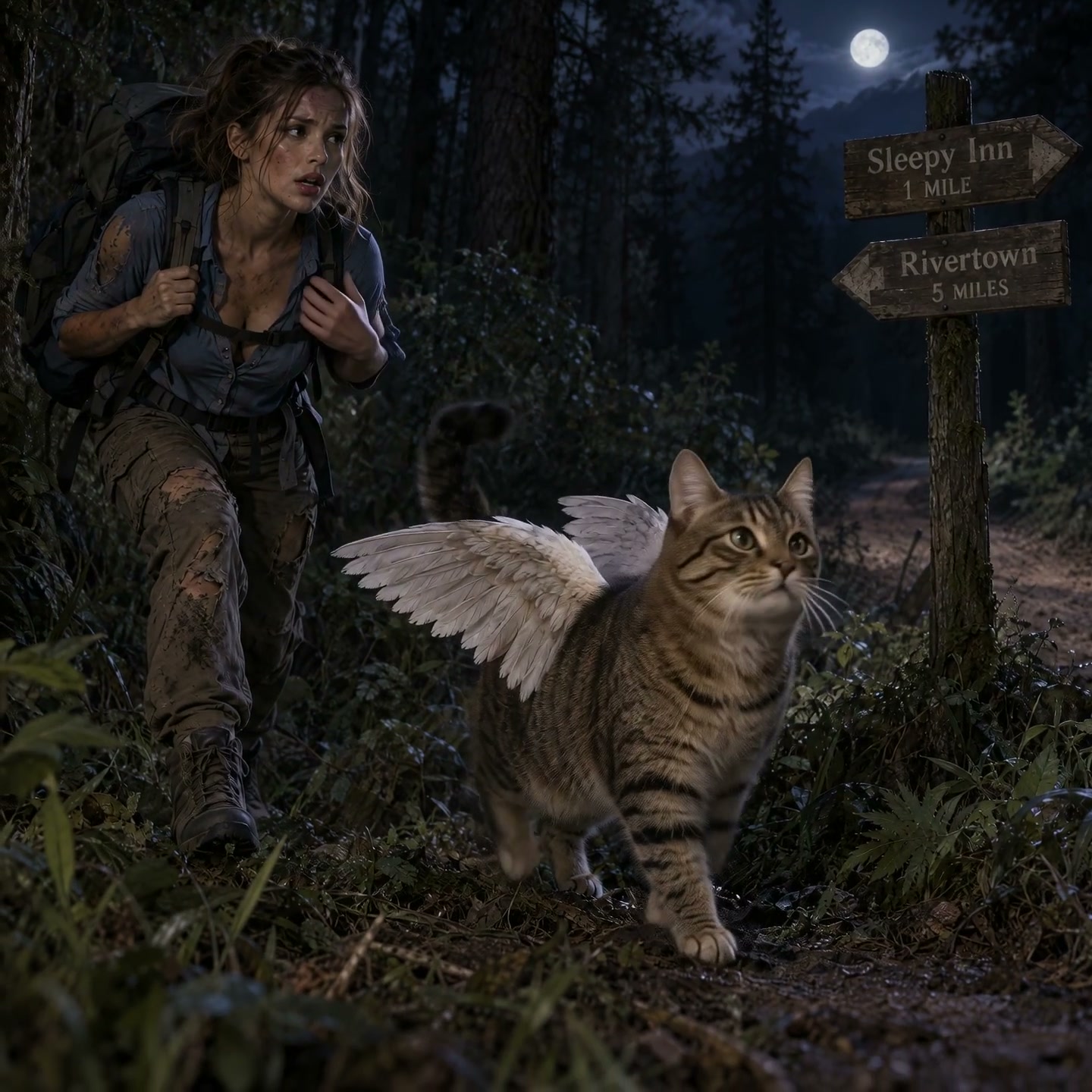 Winged tabby cat leads a weary female hiker along a moonlit dark forest trail beside a wooden dir...