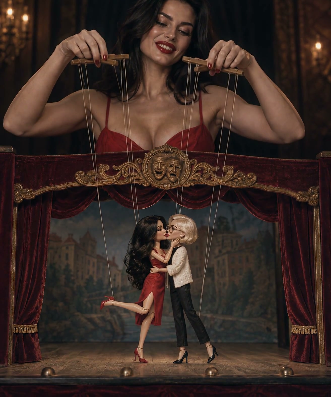 Woman in red slip dress operates string marionette controls above a pair of kissing puppets on an...