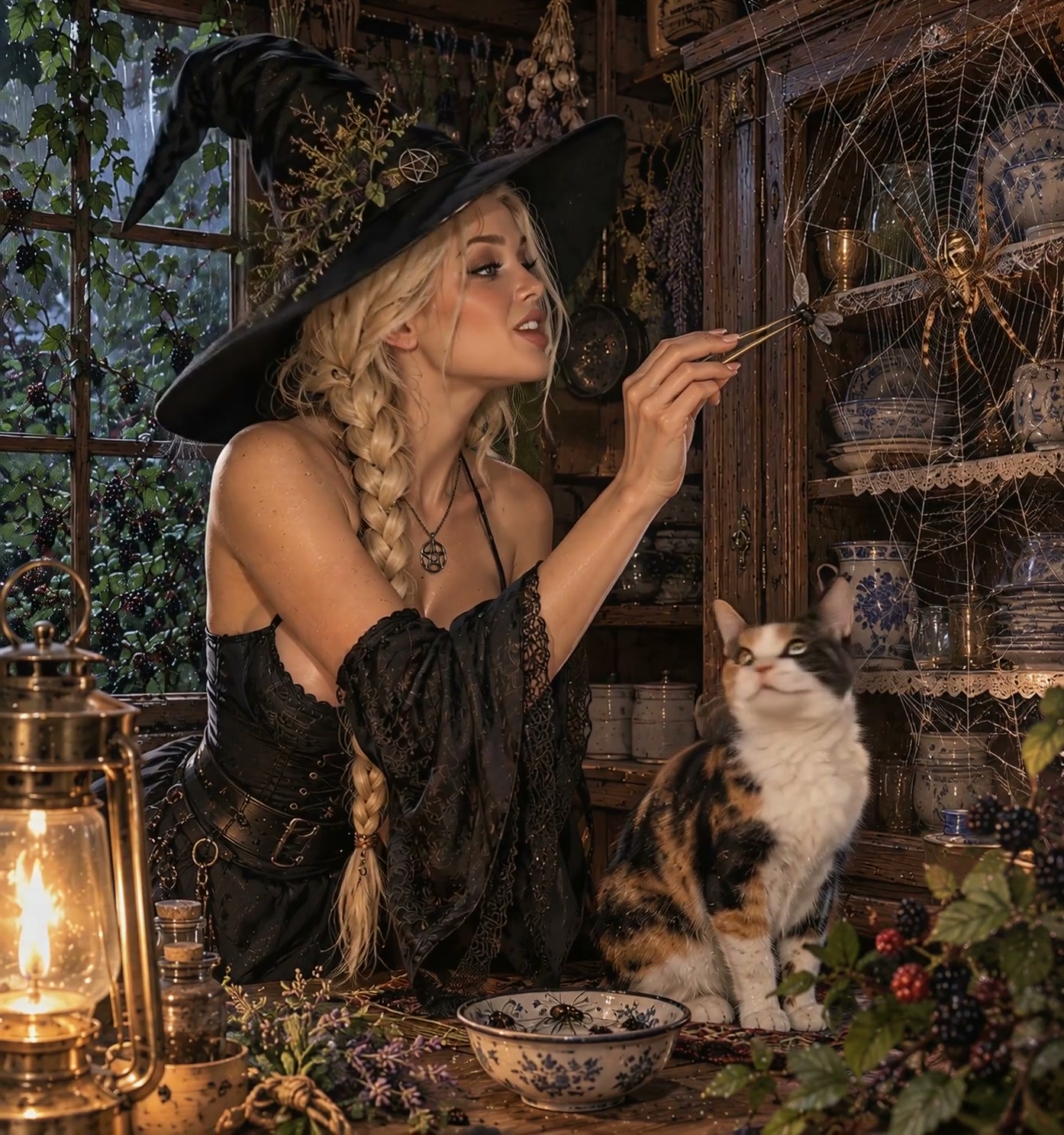 Pumpkin is both the spider and the cat's