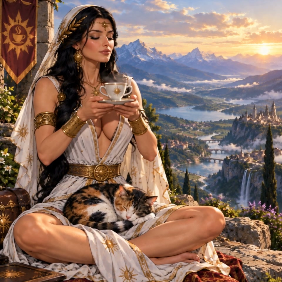 Mythic sun goddess holds a steaming teacup, with a sleeping calico cat on her lap overlooking a fantasy valley at sunset