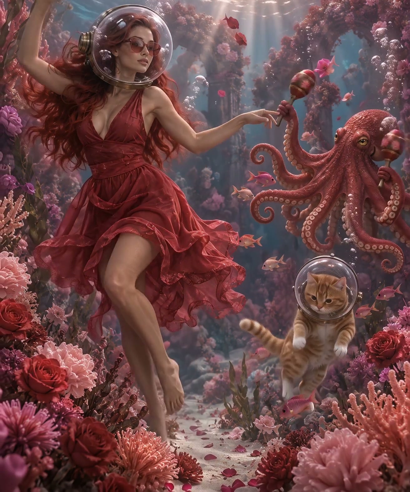 Woman in a glass dive helmet dances underwater alongside a maraca-playing octopus and helmeted gi...
