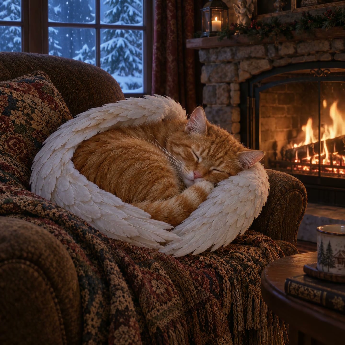 Sleeping orange tabby cat with soft white angel wings curled on a cozy armchair beside a lit fire...