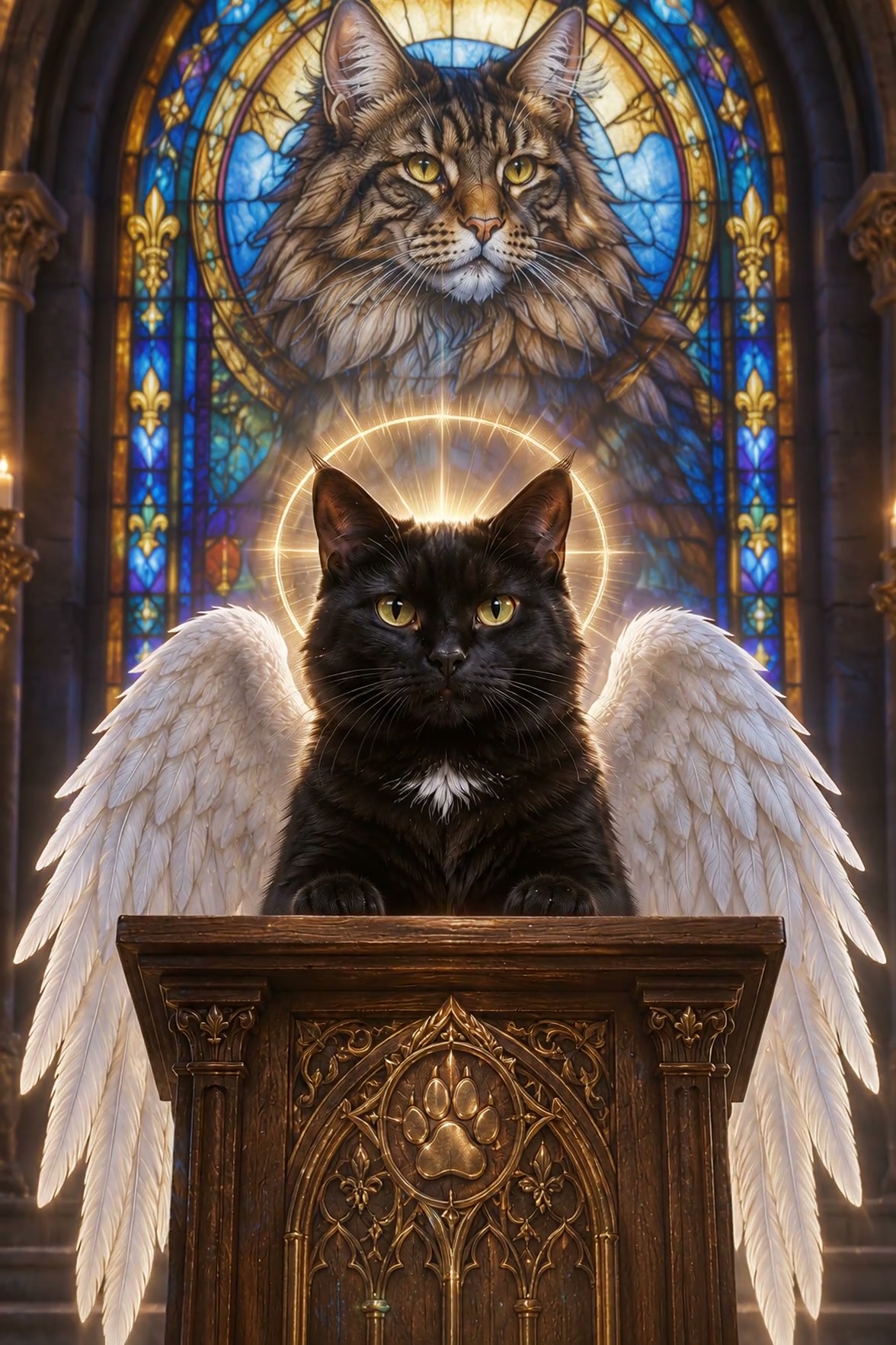 Winged black cat with glowing halo sits at an ornate church pulpit before a cat-themed stained glass window