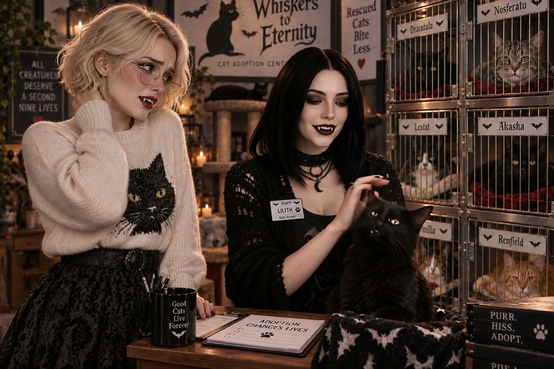 Two fanged gothic women work at a playful gothic cat adoption center, one petting a black cat