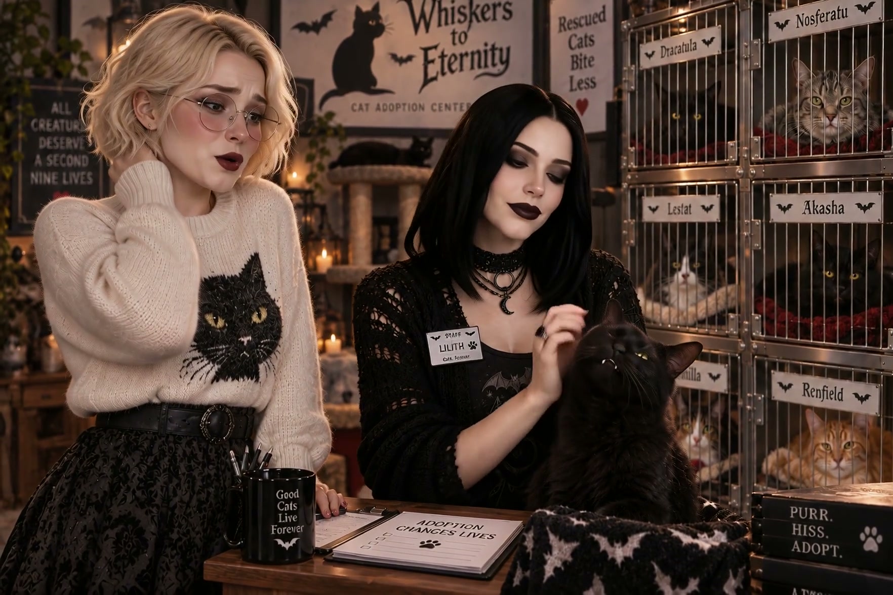 Two women work at a whimsical goth cat adoption center, one petting a fluffy black rescue cat