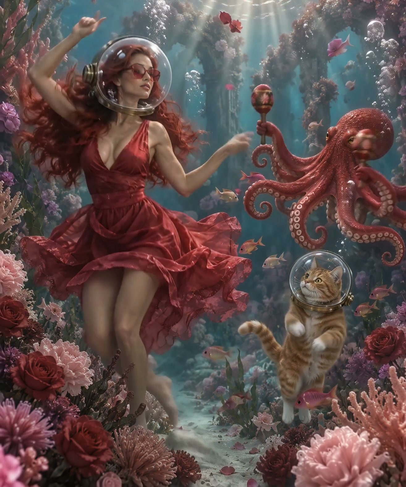 Woman in a glass diving helmet dances underwater with a helmeted tabby cat and maraca-playing oct...