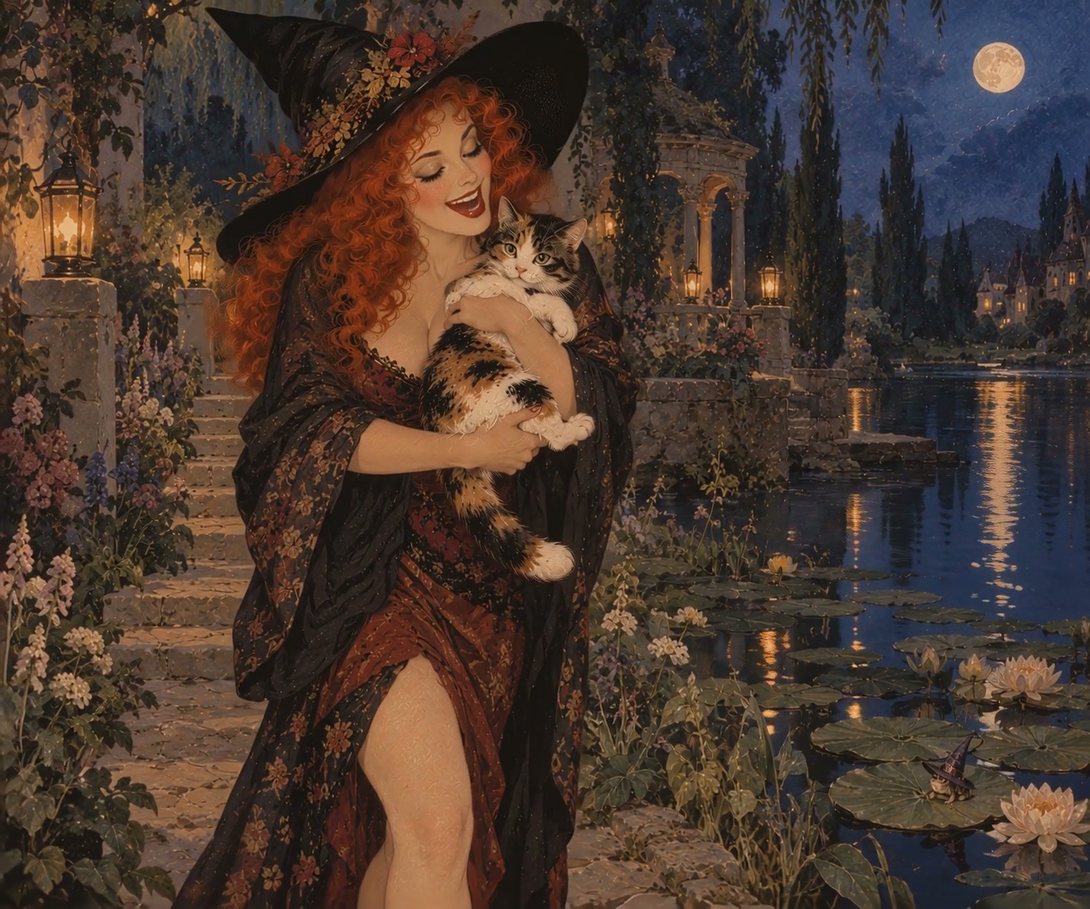 Curly red-haired witch in a floral trimmed witch hat holds a calico cat beside a moonlit lily pond