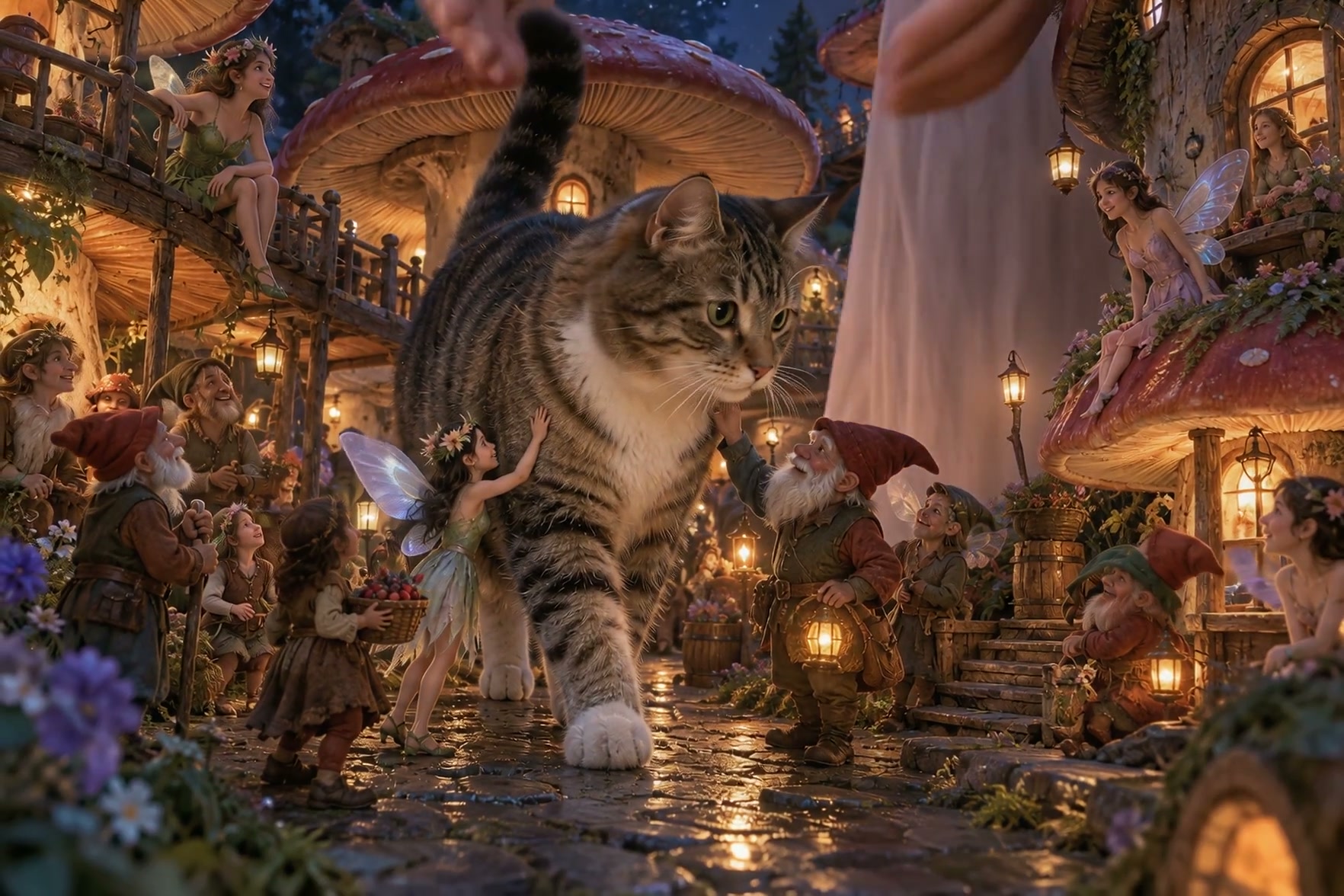 Giant tabby cat walks through a glowing mushroom village surrounded by fairies and gnomes at twilight