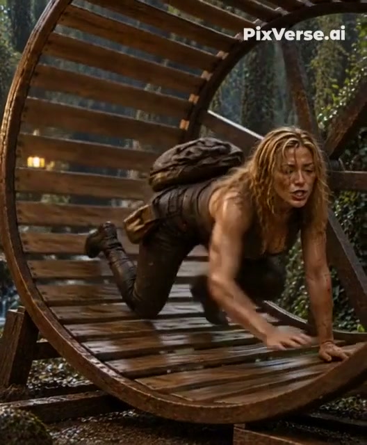 Muddy exhausted female survivalist crawls across a giant wooden hamster wheel in a dense rainy ju...