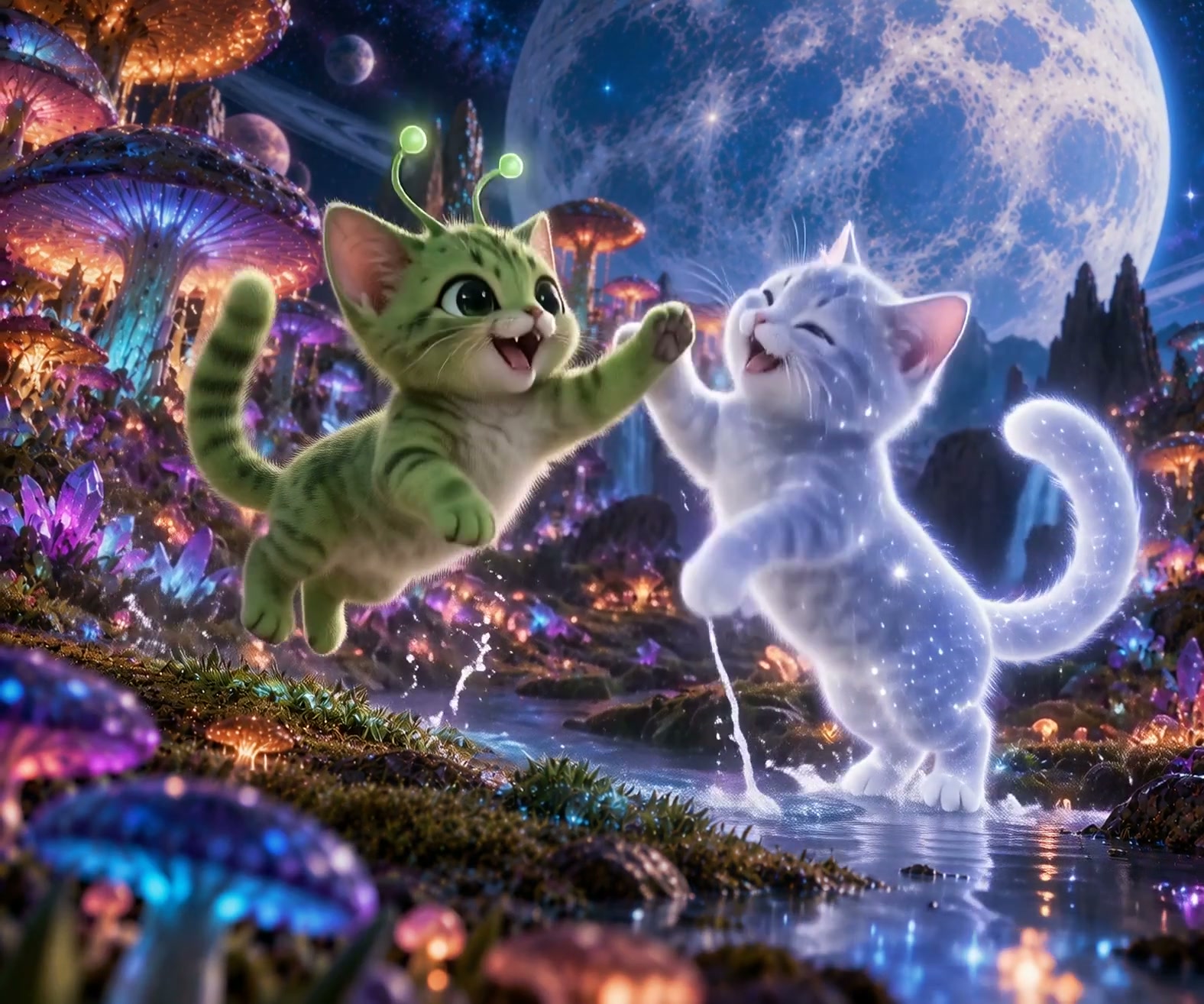 Green alien tabby kitten high fives a glowing sparkly white cat in a magical alien mushroom lands...