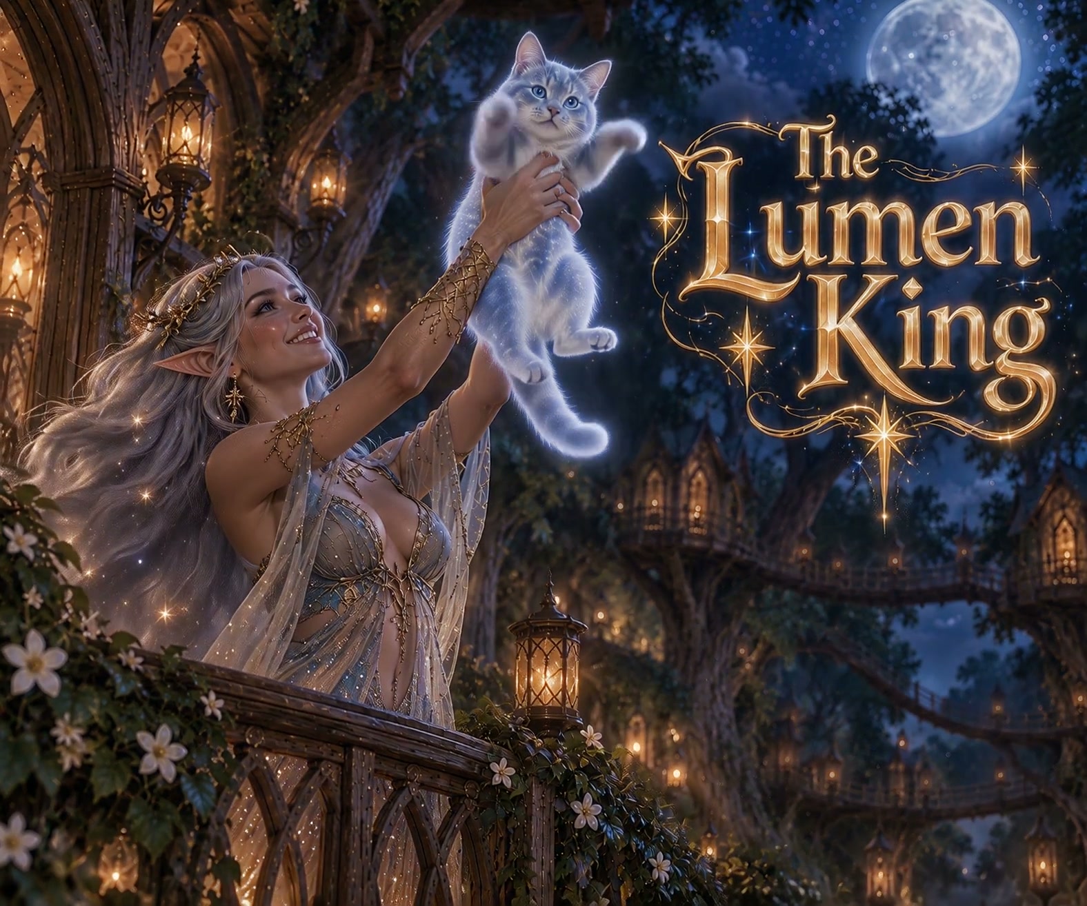 Silver haired elf queen holding a glowing fluffy cat next to The Lumen King title under a full moon