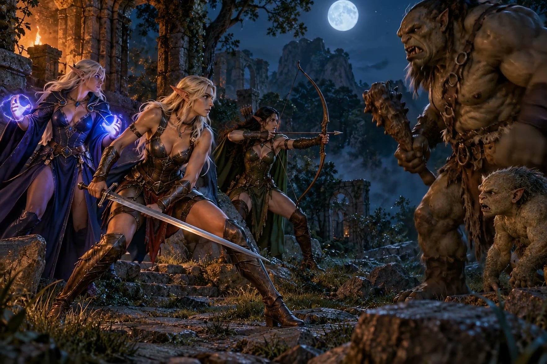 Three elven adventurers prepare to fight orc enemies outside ancient ruins under a full moon