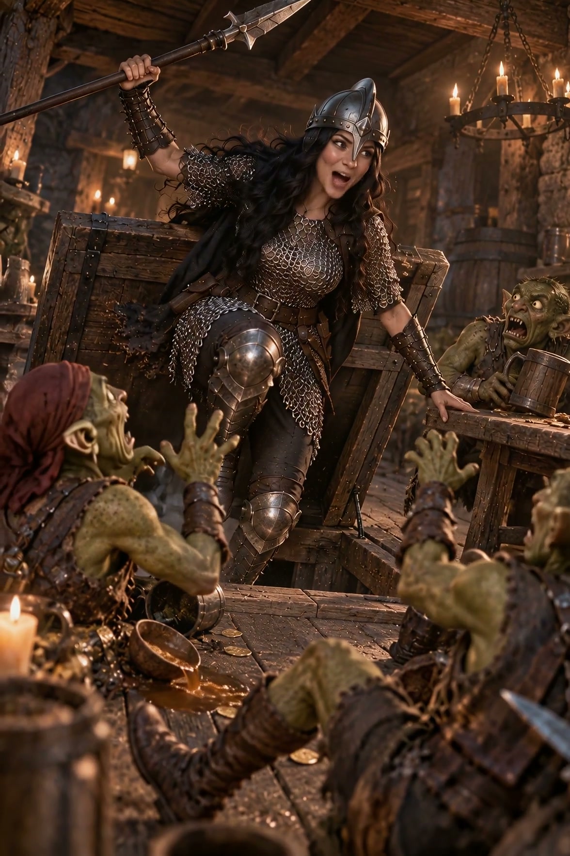 Armored viking woman raises a spear to confront panicked goblins in a candlelit rustic tavern