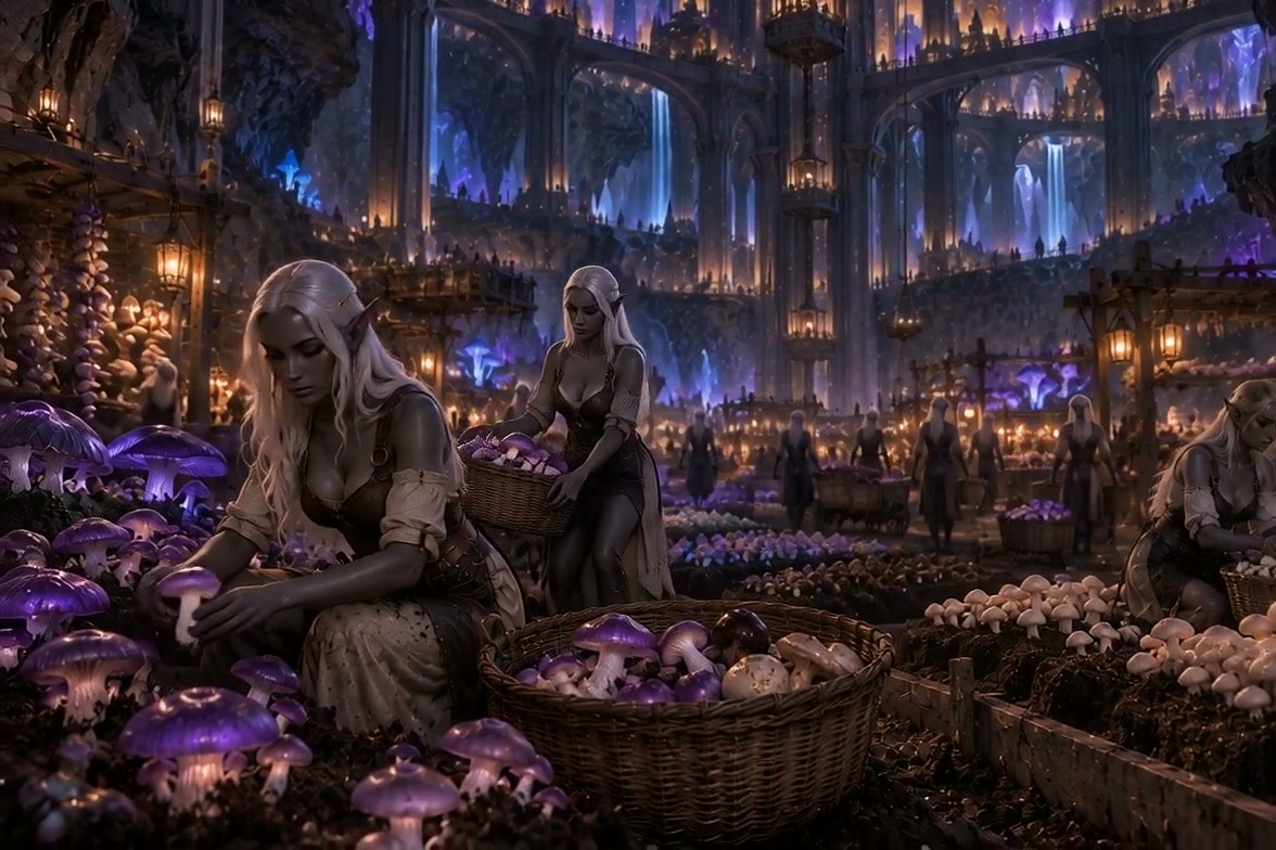 Dark elf farmers harvest glowing purple mushrooms in a vast underground cavern elven city