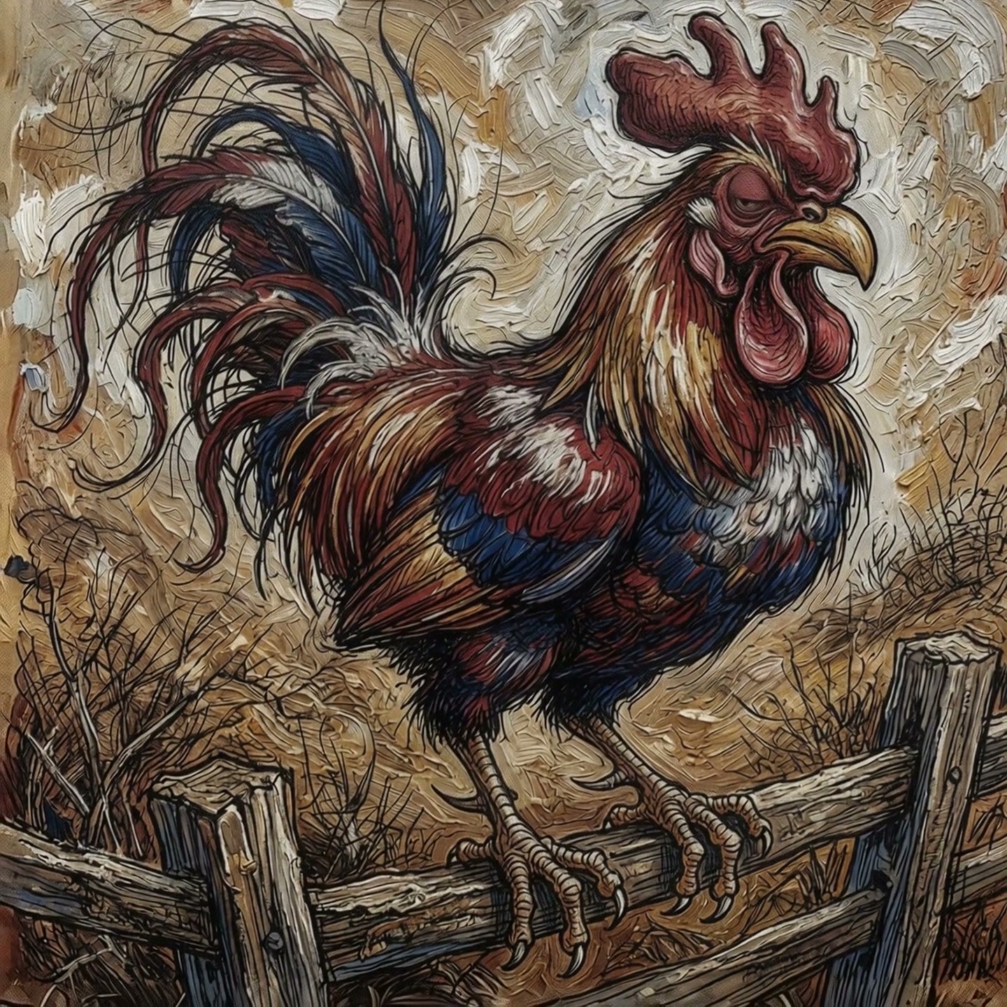 Textured impasto painting of a colorful rooster perched on a weathered wooden farm fence
