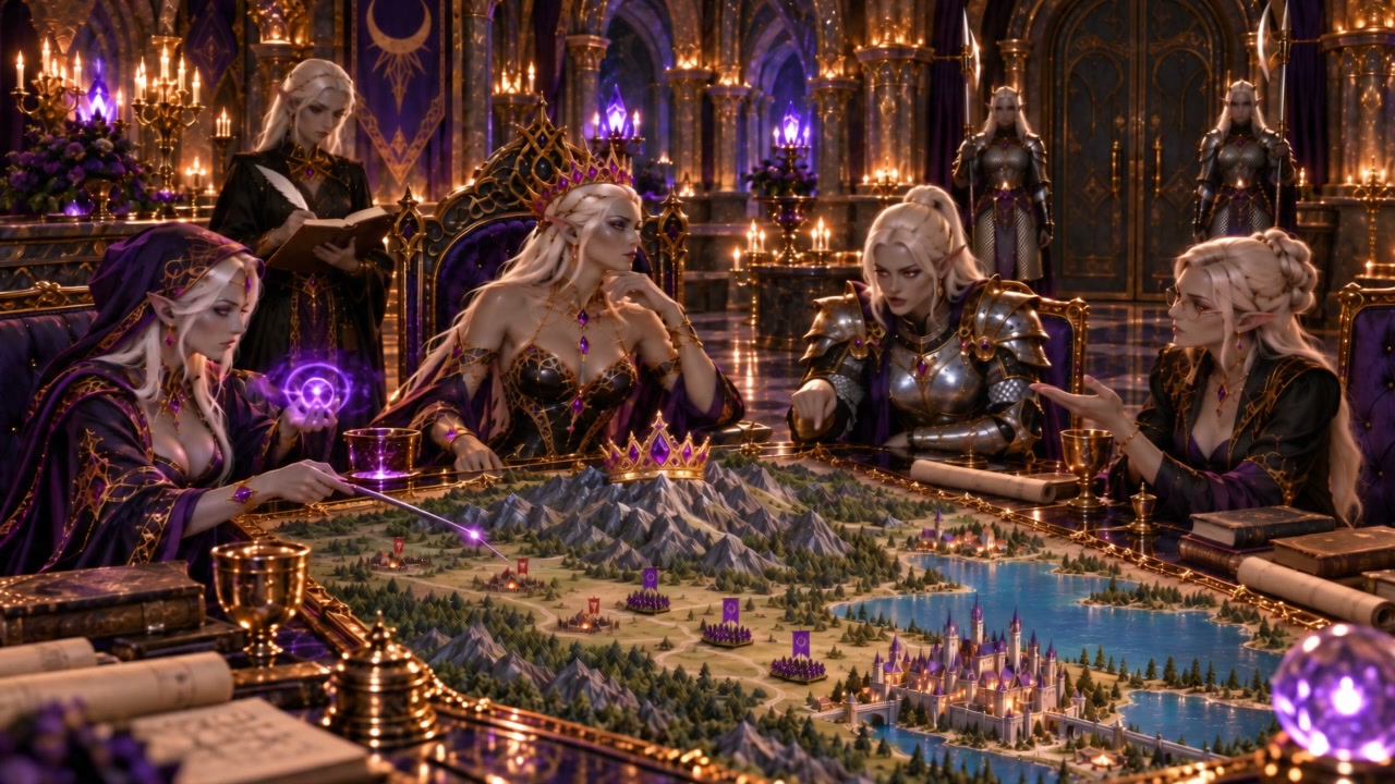 Elven royal council strategizes over a detailed fantasy wargame map in an ornate candlelit throne...