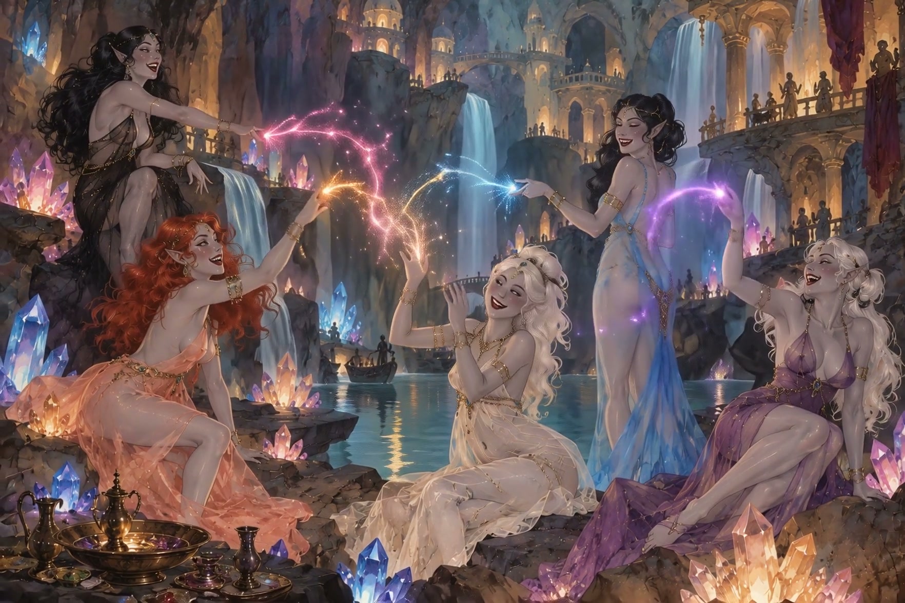 Five laughing elven women weaving glowing colored magic strands inside a crystal lit underground ...