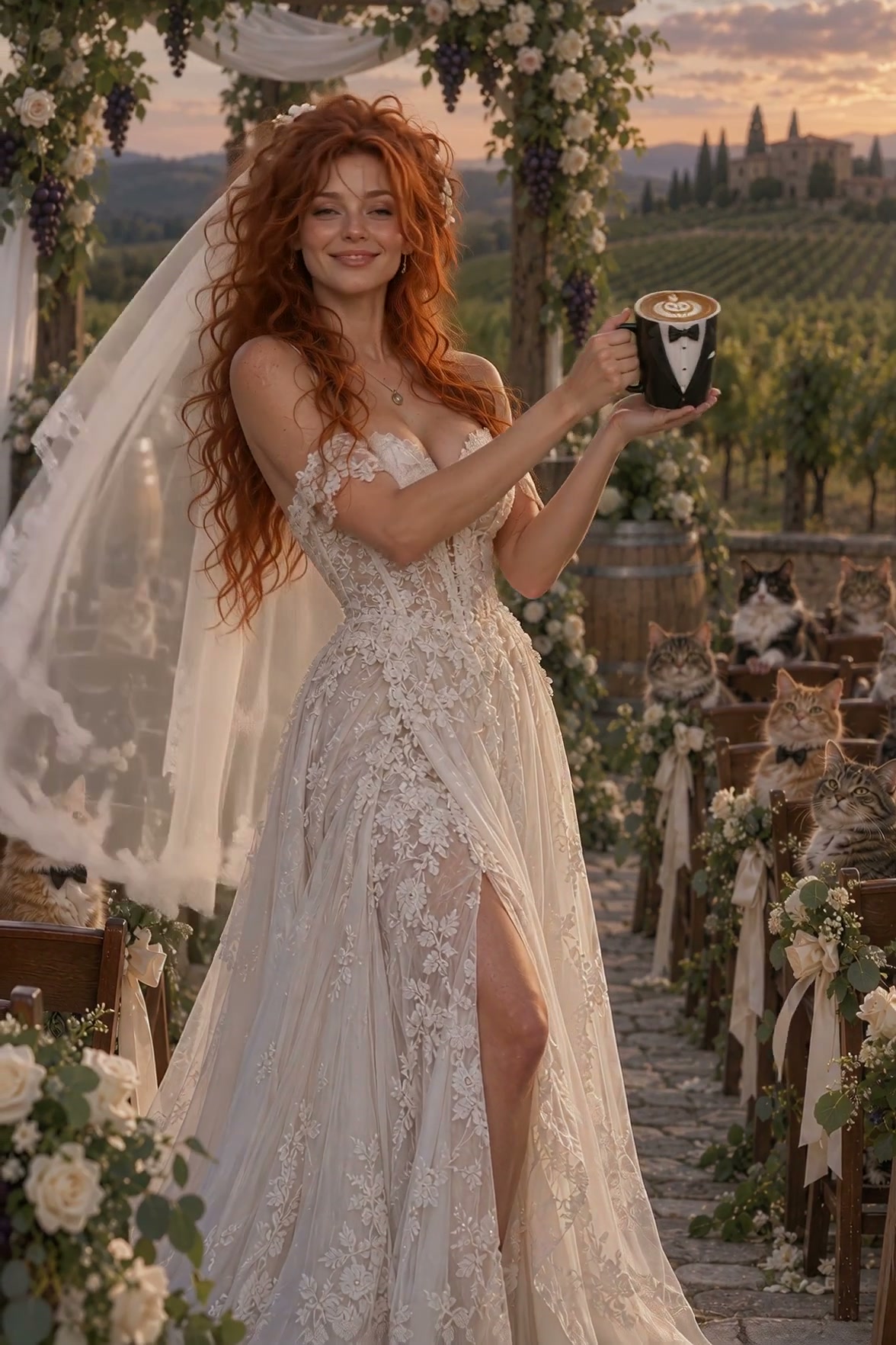 Redheaded bride holds a tuxedo coffee mug while cat guests sit in a vineyard wedding aisle at sunset
