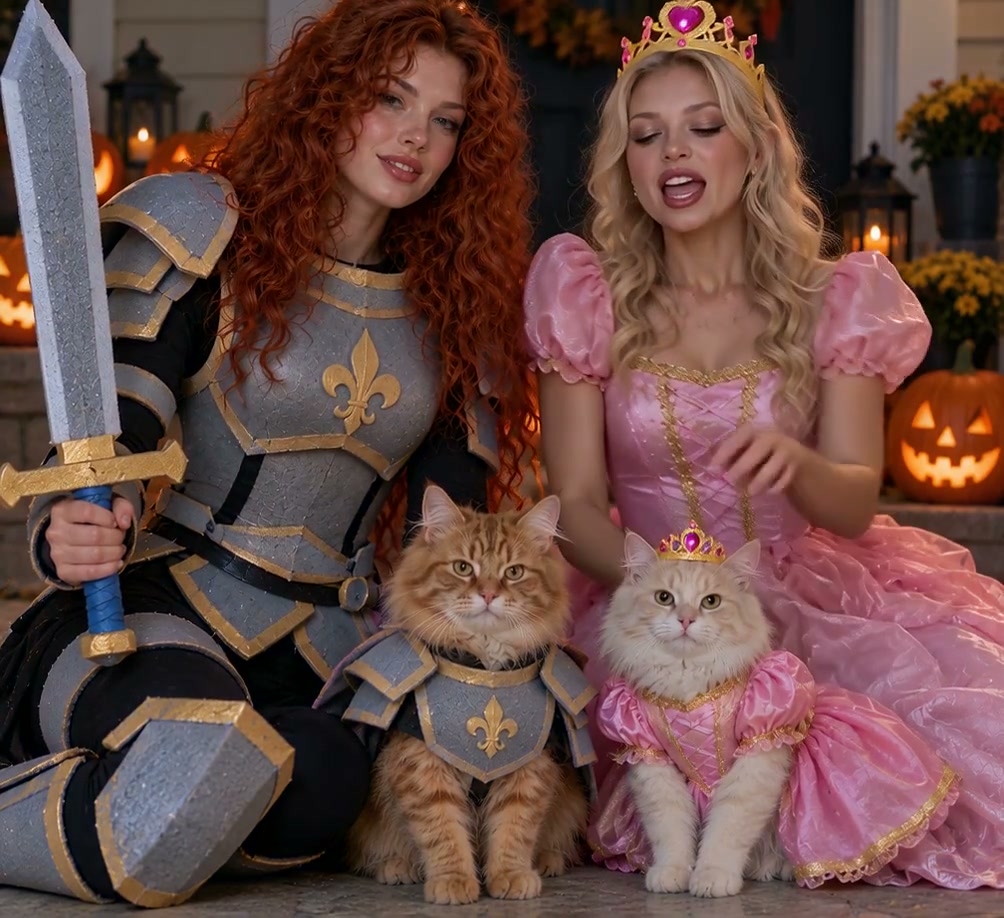 Two women and their cats in matching knight and princess costumes pose on a decorated Halloween f...