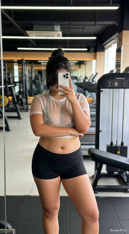 Woman in a gym taking a mirror selfie in a sheer top and black shorts