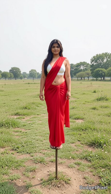 Surreal AI-generated image of a woman in a modern red saree balanced on a small metal pole in an ...