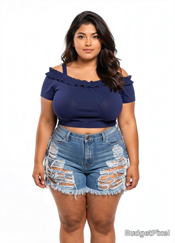 Plus size woman in navy ruffled crop top and distressed denim shorts stands against a plain white...