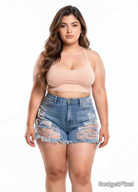 Plus size young woman in a beige halter top and ripped denim shorts stands against a plain white ...