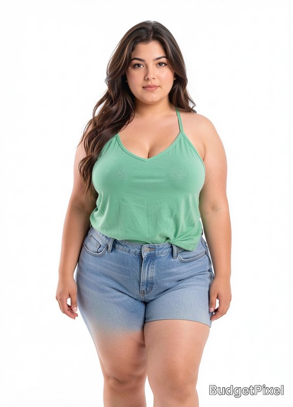 Plus size young woman in sage green camisole and denim shorts stands against plain white studio b...