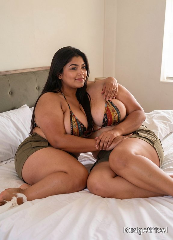 AI generated surreal merged portrait of plus size South Asian women seated on a linen bed in a br...