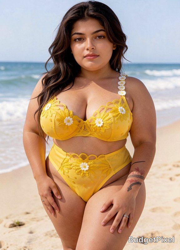 Plus size woman in yellow daisy applique bikini stands on a sunny sandy beach with ocean waves be...
