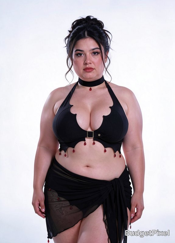 Curvy plus-size model in gothic black fantasy lingerie with red drop charms against a plain white...