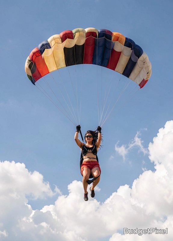 Female skydiver glides suspended from a colorful paneled parachute above fluffy clouds in a brigh...