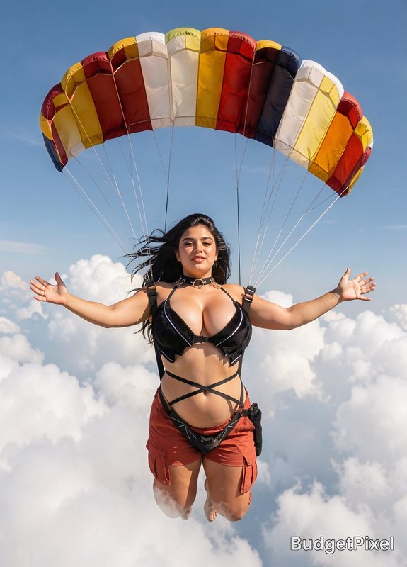 Woman with outstretched arms gliding under a colorful open parachute high above fluffy white clouds