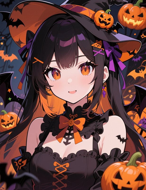 Cute anime Halloween witch wearing a decorated witch hat, surrounded by jack-o-lanterns and flyin...