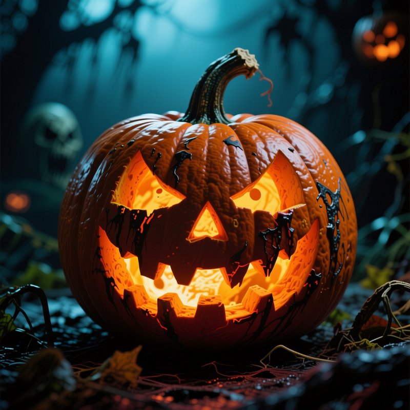 Menacing glowing carved jack-o'-lantern sits in a misty haunted Halloween forest