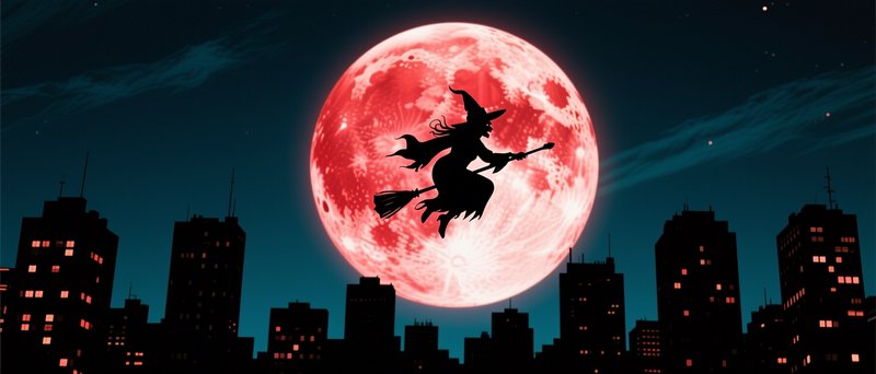 Silhouetted witch flies on a broom over a city skyline against a giant glowing red full moon