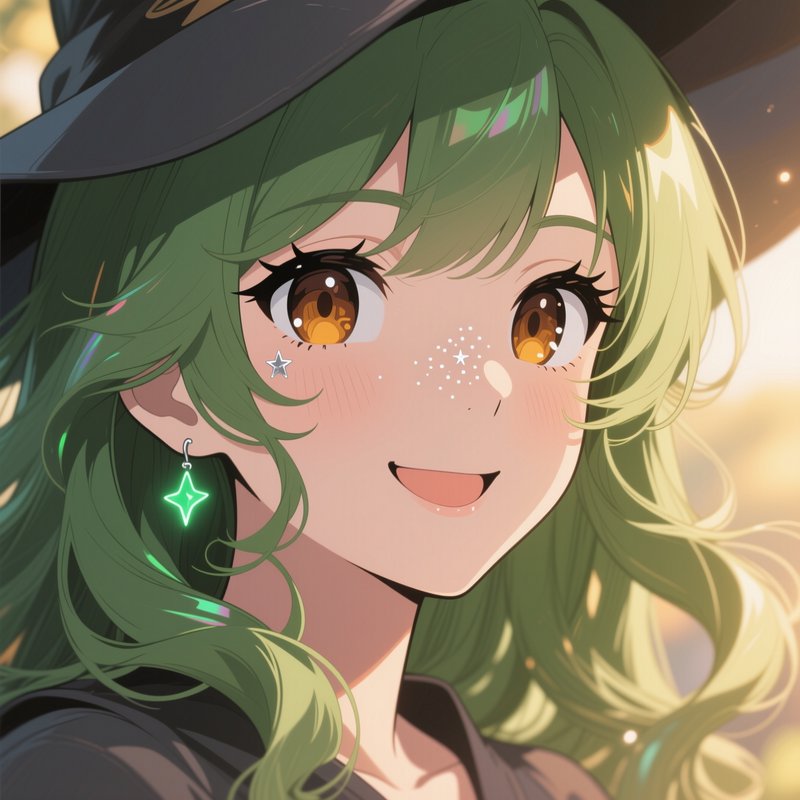 Close-up portrait of a smiling anime witch with green hair, star accents, and a black witch hat