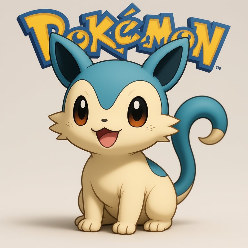 Cute chibi fan-designed cat Pokemon sitting beneath the official Pokemon logo on a neutral beige ...