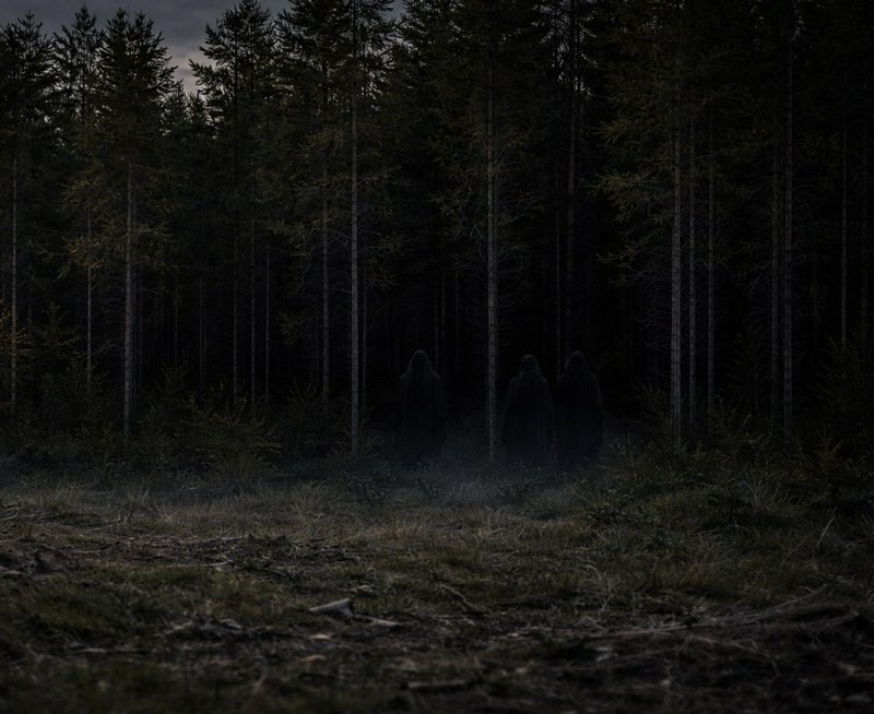 Three hooded silhouettes stand in a dark, misty forest clearing.