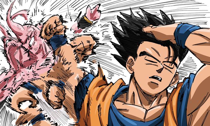 Goku-style anime hero battles a pink monster in a dynamic, action-packed scene.