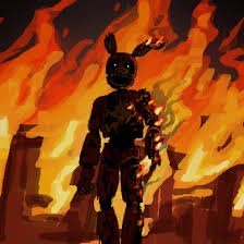 Dark horned armored demon silhouette standing amid roaring flames in a ruined cityscape
